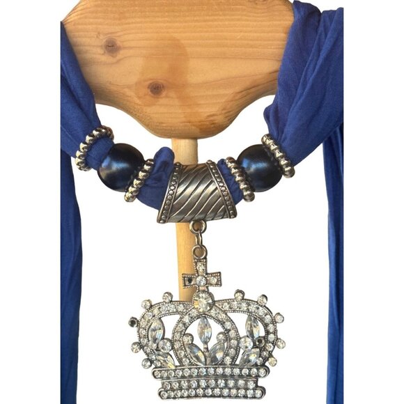 Blue Scarf w/Silver Chain Crown Gem Pendant (Brand Unknown-READ) - Picture 12 of 16